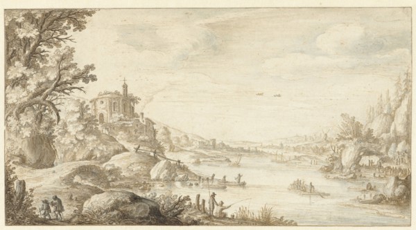 Hilly Landscape with a Round Chapel by the Banks of a River, 1624. Creator: Maerten de Cock.