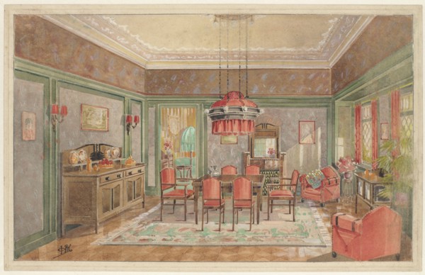 Dining room with red chairs, c.1925. Creator: Monogrammist HK.