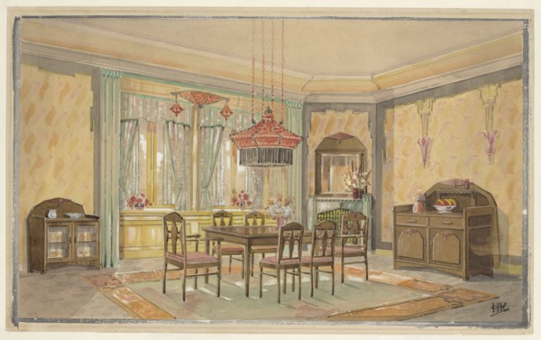 Dining room with yellow walls and red lamp, c.1925. Creator: Monogrammist HK.