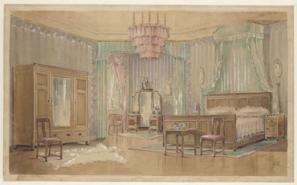 Bedroom with oval portraits, c.1925. Creator: Monogrammist HK.