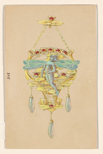Design for a pendant with a woman with dragonfly wings, of gold, rubies, opals and enamel, c.1905. Creator: Paul Louchet.
