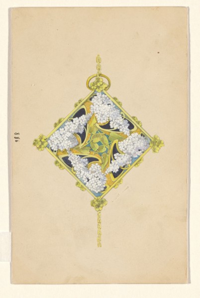 Design for a pendant with flower branches of lilacs, enamelled gold, c.1905. Creator: Paul Louchet.