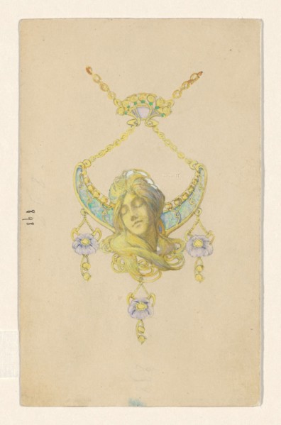 Design for a pendant with a sleeping women's head and poppies, enamelled gold, c.1905. Creator: Paul Louchet.