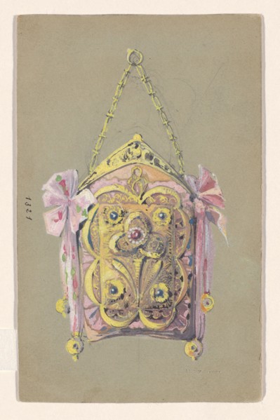 Design for an evening bag with a gilded silver bracket and tie ribbons, c.1905. Creator: Paul Louchet.