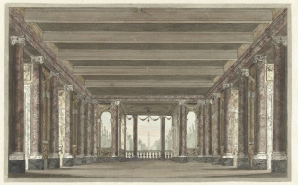 Design for a theater decor of a column gallery with Loggia, 1779. Creator: Pieter Barbiers.