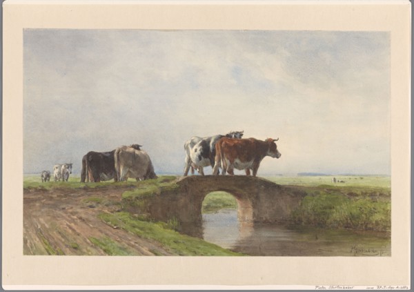 Cows on a stone bridge, 1838-1892. Creator: Pieter Stortenbeker.