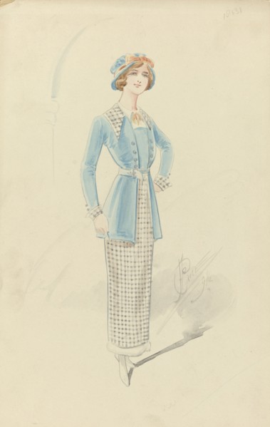Young woman in black and white checkered ensemble, 1914. Creator: Price.