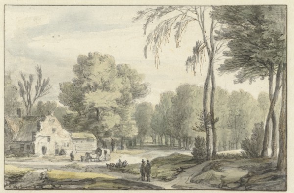 Landscape with a covered wagon outside farm buildings, 1637-1692. Creator: Roelant Roghman.