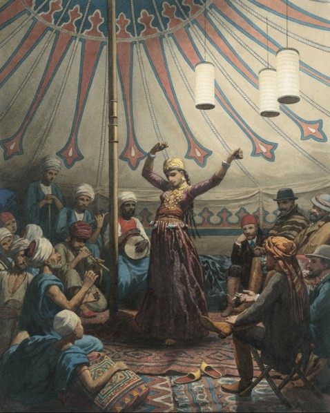 Egyptian dancer in a tent, with musicians and spectators, 1868 or later.  Creator: Willem de Famars Testas.