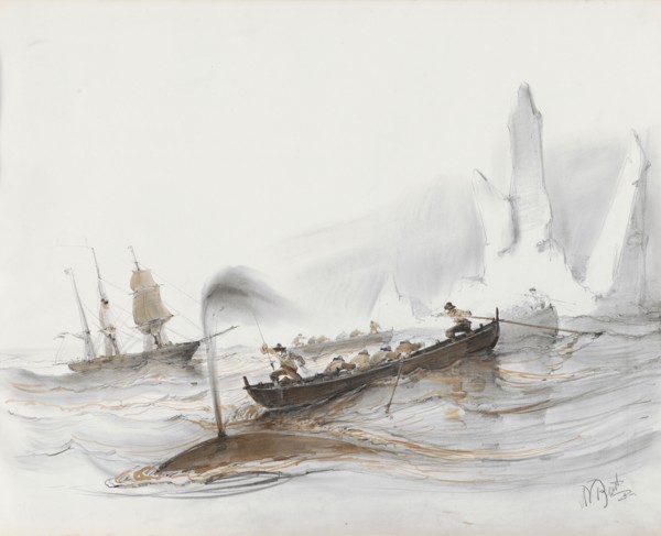 Whales by an ice floe, 1830-1860.  Creator: Albertus van Beest.