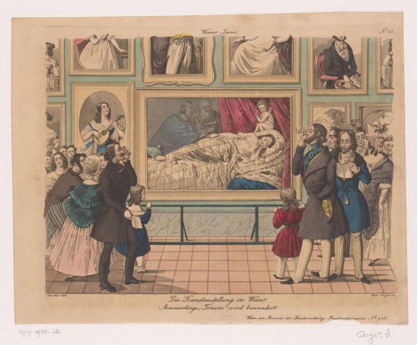 Ladies and gentlemen admire paintings at an exhibition in Vienna, 1829-1848.  Creator: Andreas Geiger.