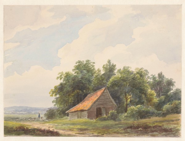 Landscape with barn and in the distance a shepherd with sheep, 1797-1870. Creator: Andreas Schelfhout.