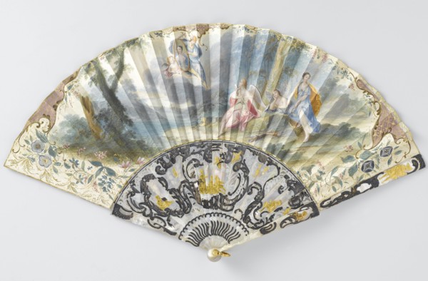 Folding paper fan depicting Hermes holding a woman's portrait, c.1750.  Creator: Anon.