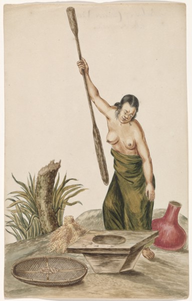 Woman pounding rice in a pestle and mortar, 1675-c.1725.  Creator: Anon.