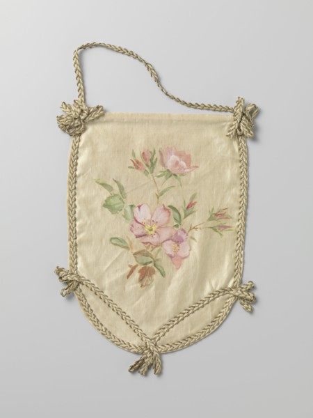 Pouch of ivory-coloured satin with pink flowers, c.1880-c.1890.  Creator: Anon.