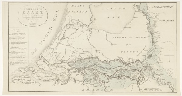 Figurative map, giving an indication of the main dike breaches, etc.: along the Rivers, 1809.  Creator: Antoni Zürcher.