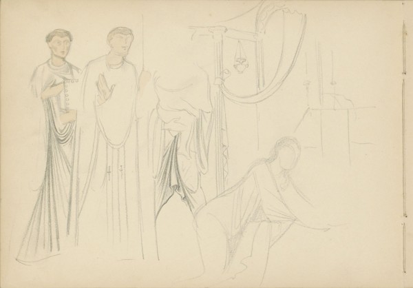 Two standing men with a kneeling woman in an interior, 1869-1925. Creator: Antoon Derkinderen.