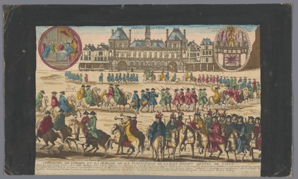 View of the Town Hall in Paris with a procession proclaiming peace, 1700-1799. Creator: Anon.