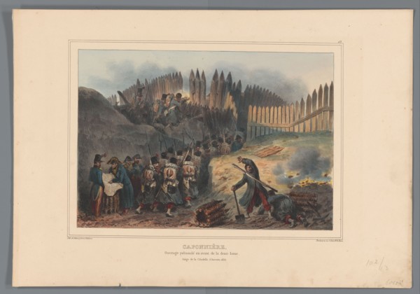 Group of soldiers file through an opening in the palisade, 1832, (1833).  Creator: Auguste Raffet.