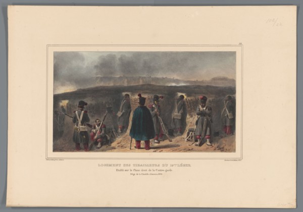 Sharpshooters behind a parapet, 1832, (1833).  Creator: Auguste Raffet.