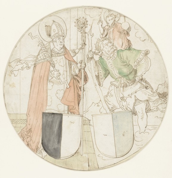 Saints Christophorus and Erasmus, each with a coat of arms, 1510-1550. Creator: Sebald Beham.