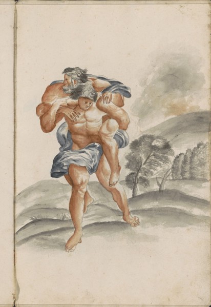 Aeneas wears his father Anchises on his back away from a burning Troy, 1696. Creator: Hendrick van Beaumont.