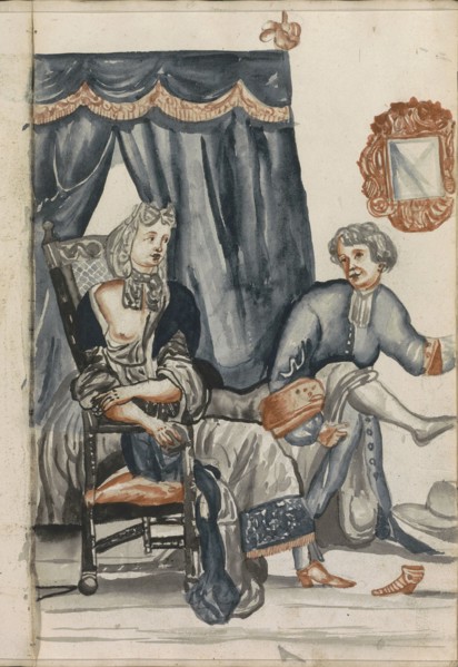 Woman sitting in front of a four poster bed, 1696. Creator: Hendrick van Beaumont.