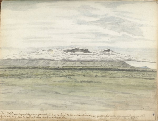 Table Mountain and Duiwelsberg seen from the land, 1786.  Creator: Jan Brandes.