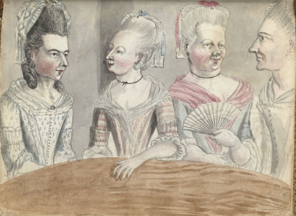 Four women at a table during a trip to Falmouth, 1778. Creator: Jan Brandes.