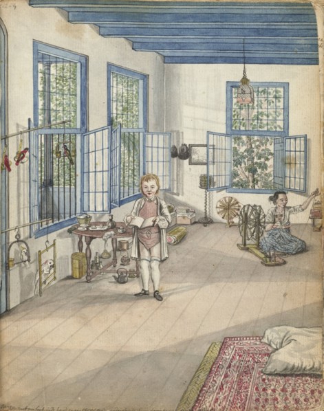 Living room with son Jantje and Flora, an enslaved woman, near a spinning wheel, 1784. Creator: Jan Brandes.