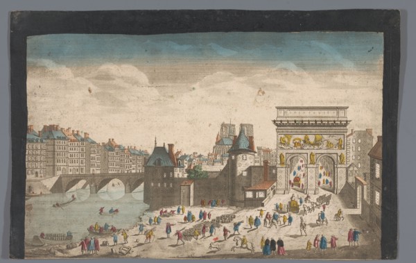 View of the Porte Saint-Bernard and the Pont de la Tournelle over the Seine River in Paris, 1745-75. Creator: Anon.