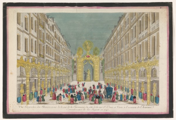 View of decorations on rue de la Ferronnerie in Paris on occasion of the restoration...1745 Creator: Anon.