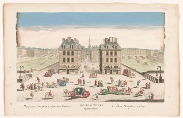 View of Place Dauphine with the built-up Pont au Change and Pont Saint-Michel..., 1745-1775. Creator: Anon.