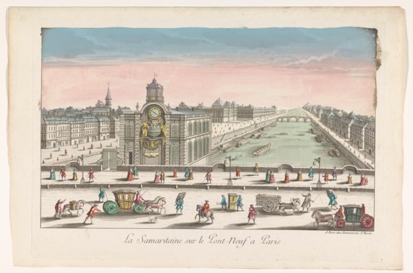 View of the water pump Samaritaine on the ferry Neuf over the Seine River in Paris, 1745-1775. Creator: Anon.