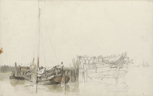 Men on a moored fishing boat at a quay, 1797-1838. Creator: Johannes Christiaan Schotel.