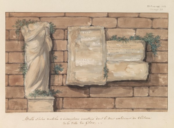 Damaged image and inscriptions bricked into wall of castle in the city of Gozo, 1778. Creator: Louis Ducros.