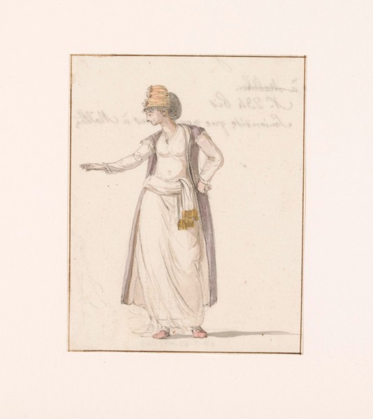 Woman from Smyrna in traditional costume, seen by the travel group in Malta, 1778.  Creator: Louis Ducros.