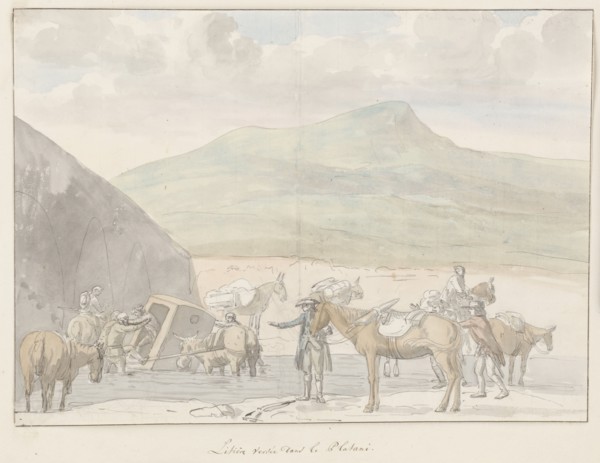 Tour company sedan chair overturns near river Platini, 1778. Creator: Louis Ducros.