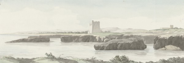 View on the coast of the Adriatic Sea with an observation tower on the other side of Monopoli, 1778. Creator: Louis Ducros.