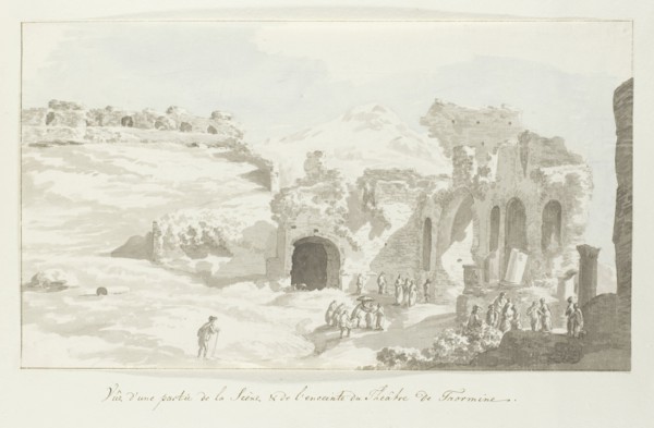 View of part of the stage and wall behind at Taormina theater, 1778. Creator: Louis Ducros.