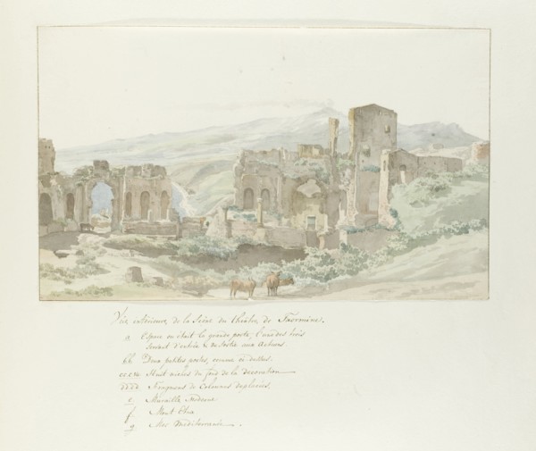 View of interior and stage at Taormina theatre, 1778. Creator: Louis Ducros.