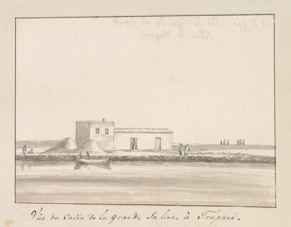 View of salt shack at large salt pan in Trapani, 1778. Creator: Louis Ducros.