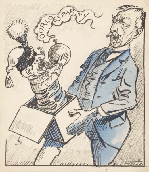 War party jumps out of a Jack in the Box, 1920-1930. Creator: Patrick Kroon.