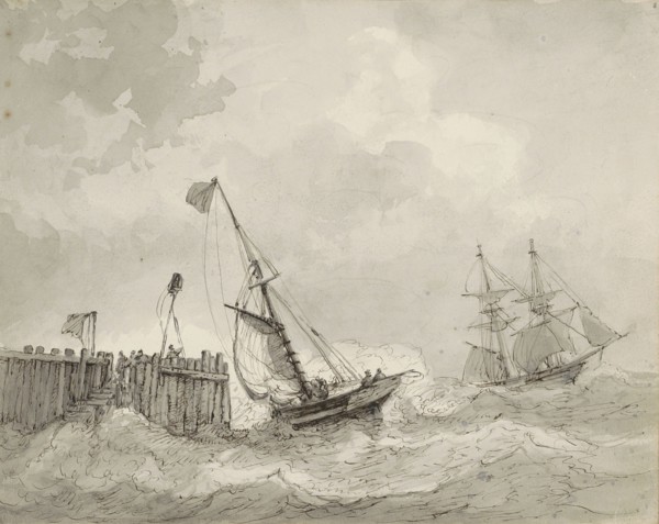 Two sailing ships at a landing place, c.1825-c.1875. Creator: Circle of Petrus Johannes Schotel.