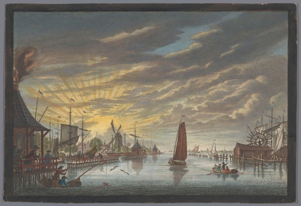 View of the old marina in Amsterdam, seen towards the Bolwerk Leeuwenburg or Blauwhoofd, 1753-1799. Creator: Simon Fokke.