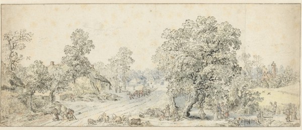 Landscape with walkers, a shepherd and many other figures, 1600-1699. Creator: Anon.