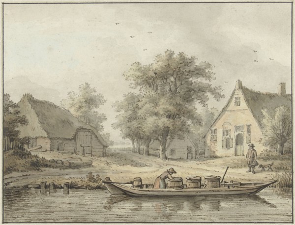 Landscape with a moored barge with barrels, 1756-1826. Creator: Cornelis Buys.