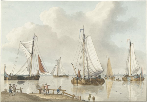 Sailing ships, on the side are five men, 1748-1805. Creator: Jan Arends.