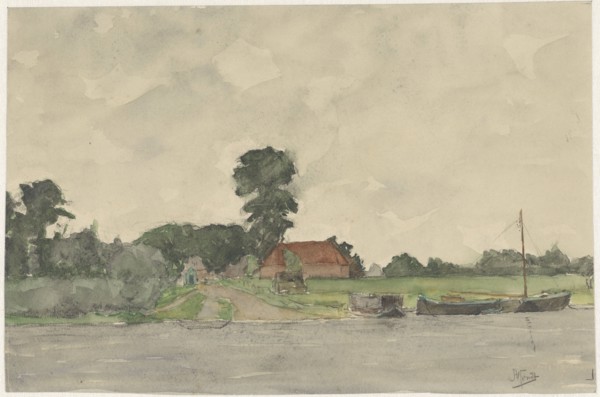 River landscape with farm, 1869-1941. Creator: Johannes Abraham Mondt.