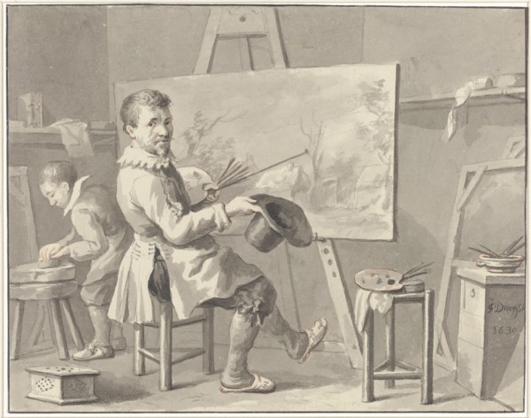 Portrait of Joost Corneliszn. Droochsloot in his studio sitting behind an easel with..., 1780-1848. Creator: Martinus Schouman.
